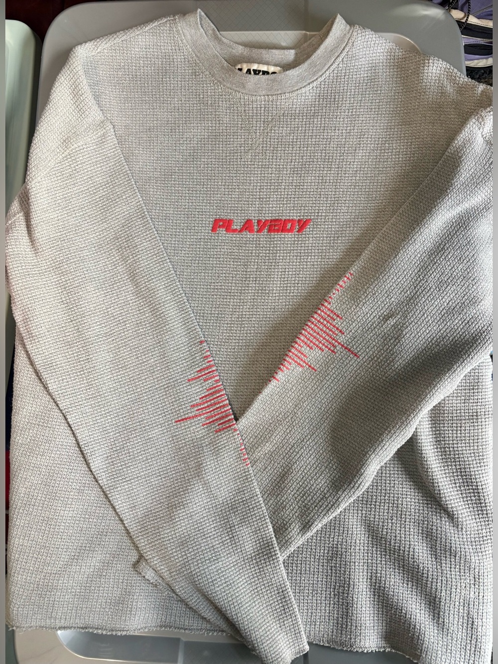 PLAYBOY Light Gray Crewneck Sweater with Red Logo & Sleeve Accent